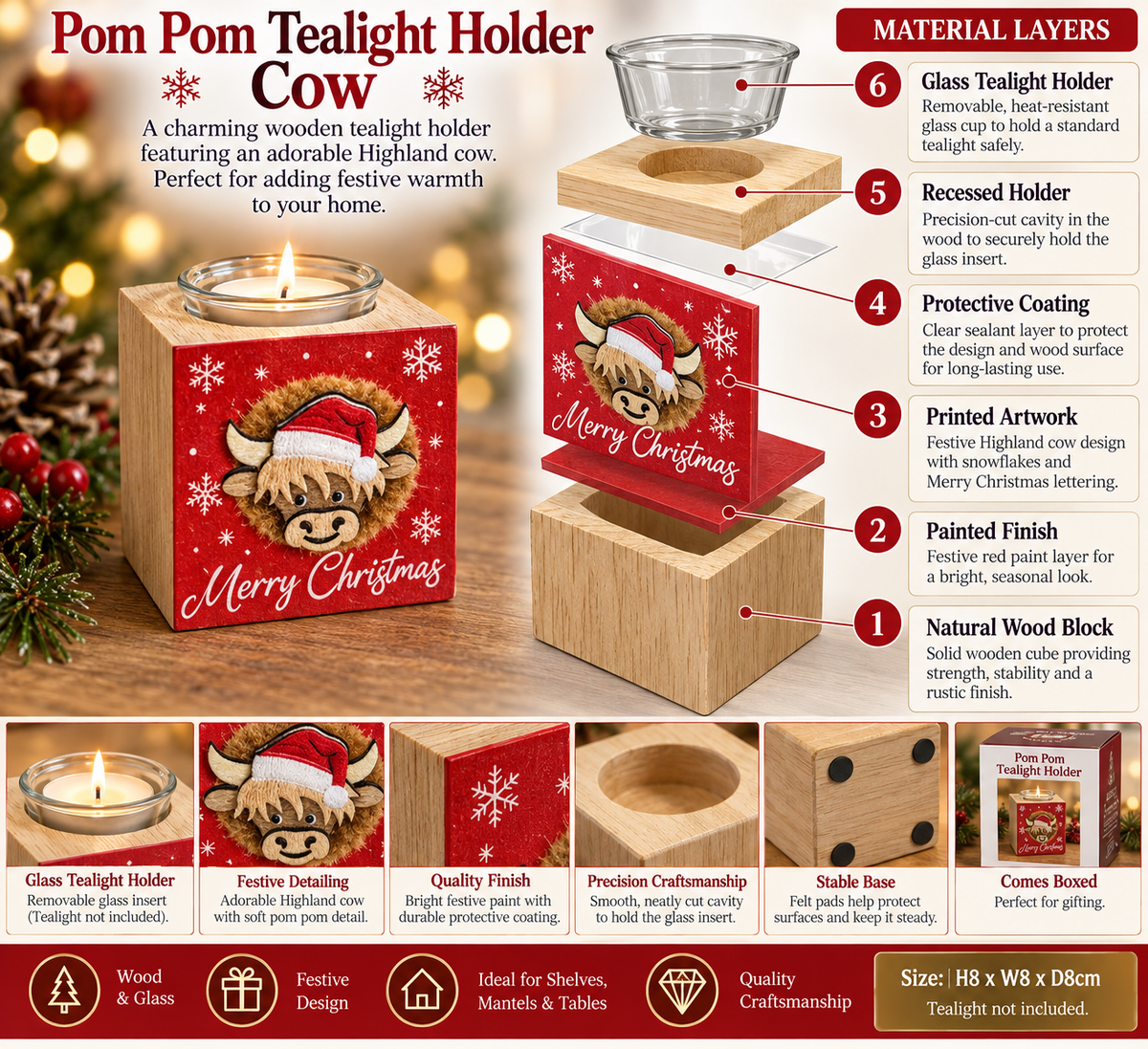 Pom Pom  Festive Tealight Holder - Cow