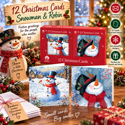 12 Christmas Cards - Snowman & Robin