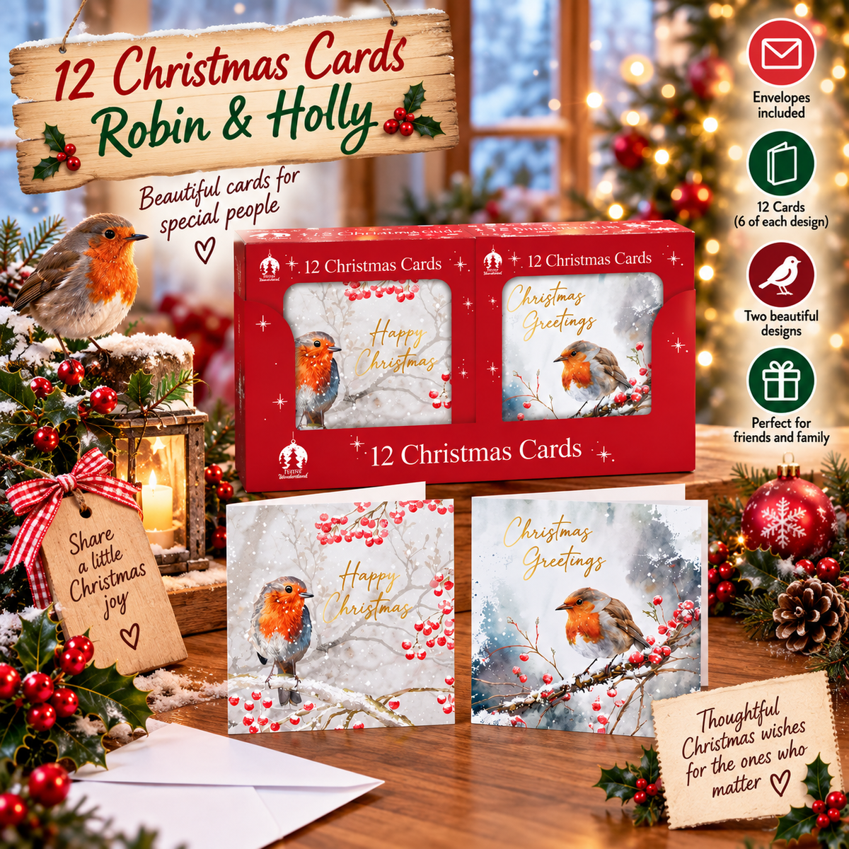 12 Christmas Cards - Robin & Holly