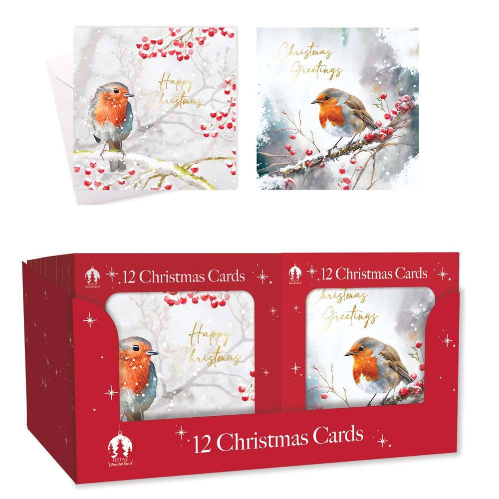 12 Christmas Cards - Robin & Holly