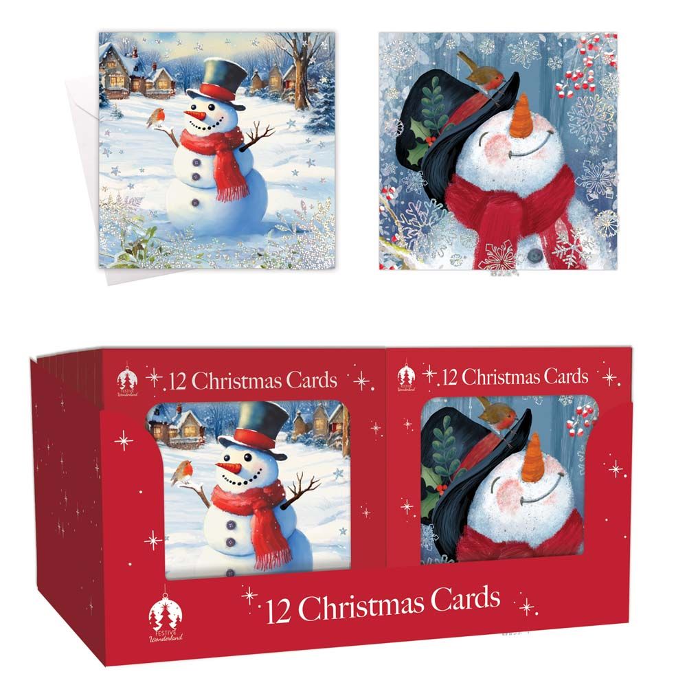 12 Christmas Cards - Snowman & Robin