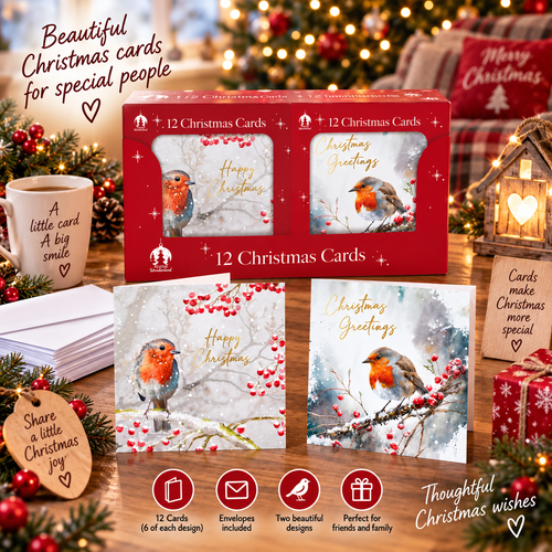 12 Christmas Cards - Robin & Holly